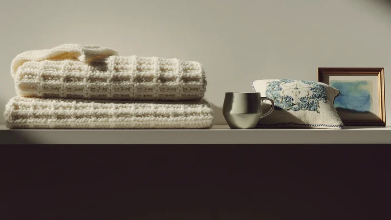 Scaffale con oggetti fatti a mano: coperta all'uncinetto, tazza, cuscino ricamato e acquerello incorniciato